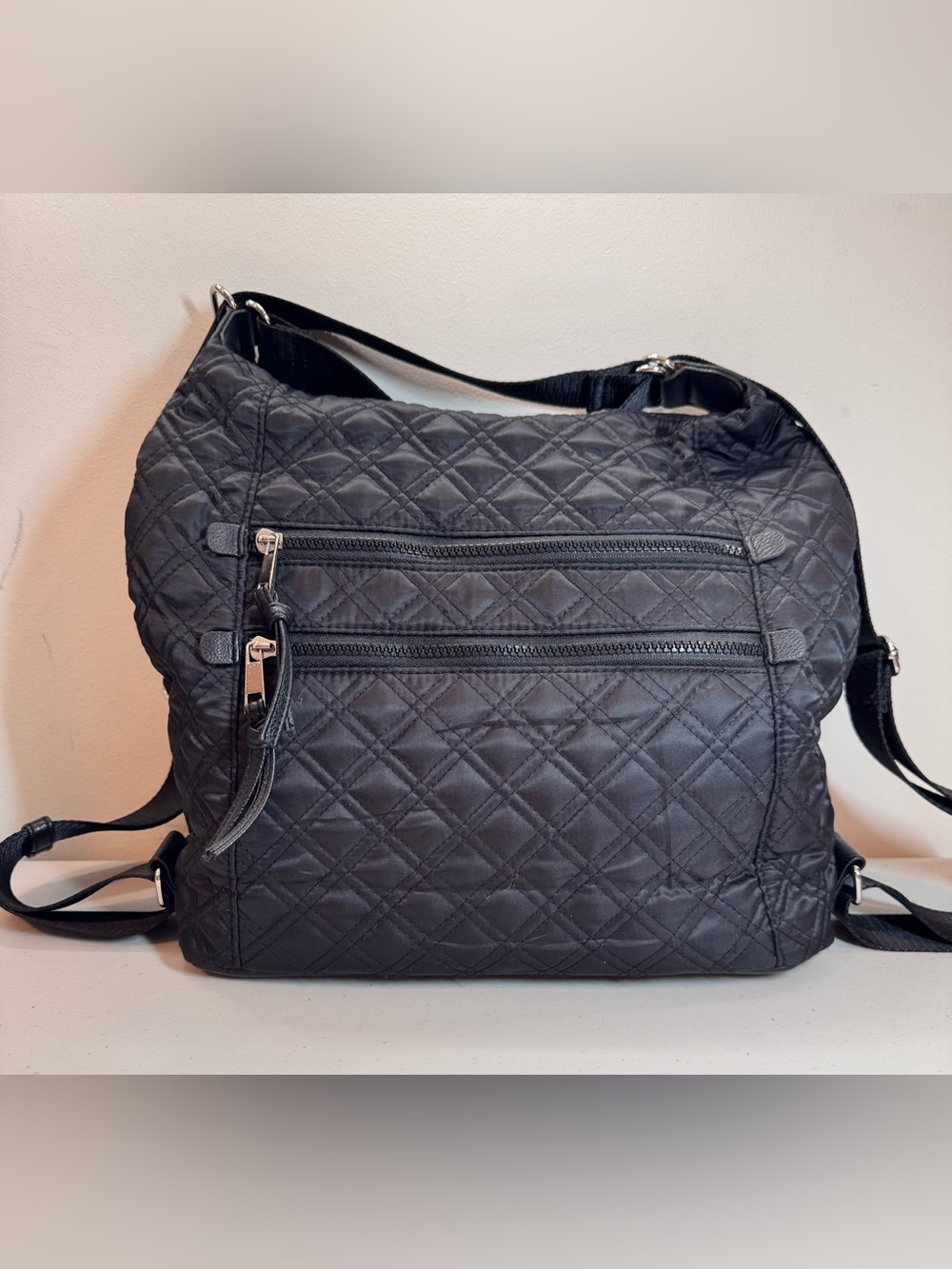 Sondra Roberts Quilted Black Nylon Convertible Shoulder Bag / Backpack
